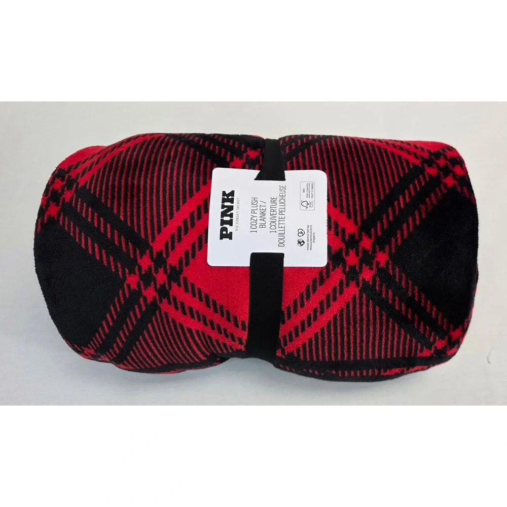 Victoria's Secret PINK Red Black Plaid Cozy Plush Blanket Sherpa Throw 50x60 NEW